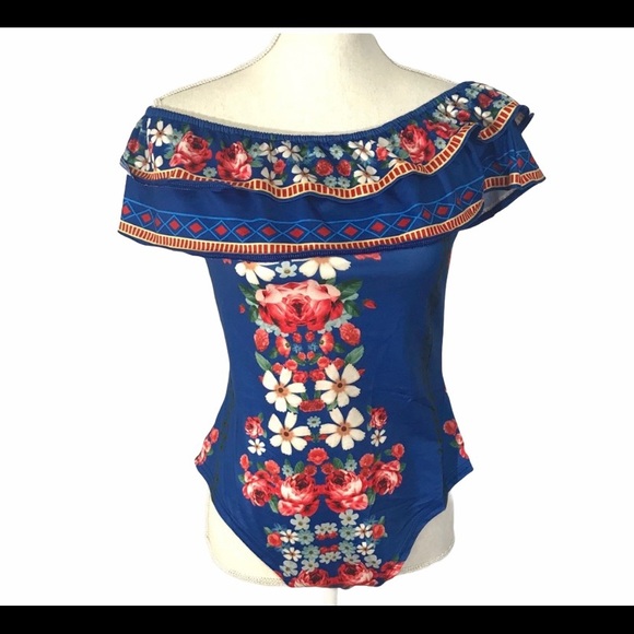 Blue Multi-Color Print Bodysuit size Large - Picture 2 of 2